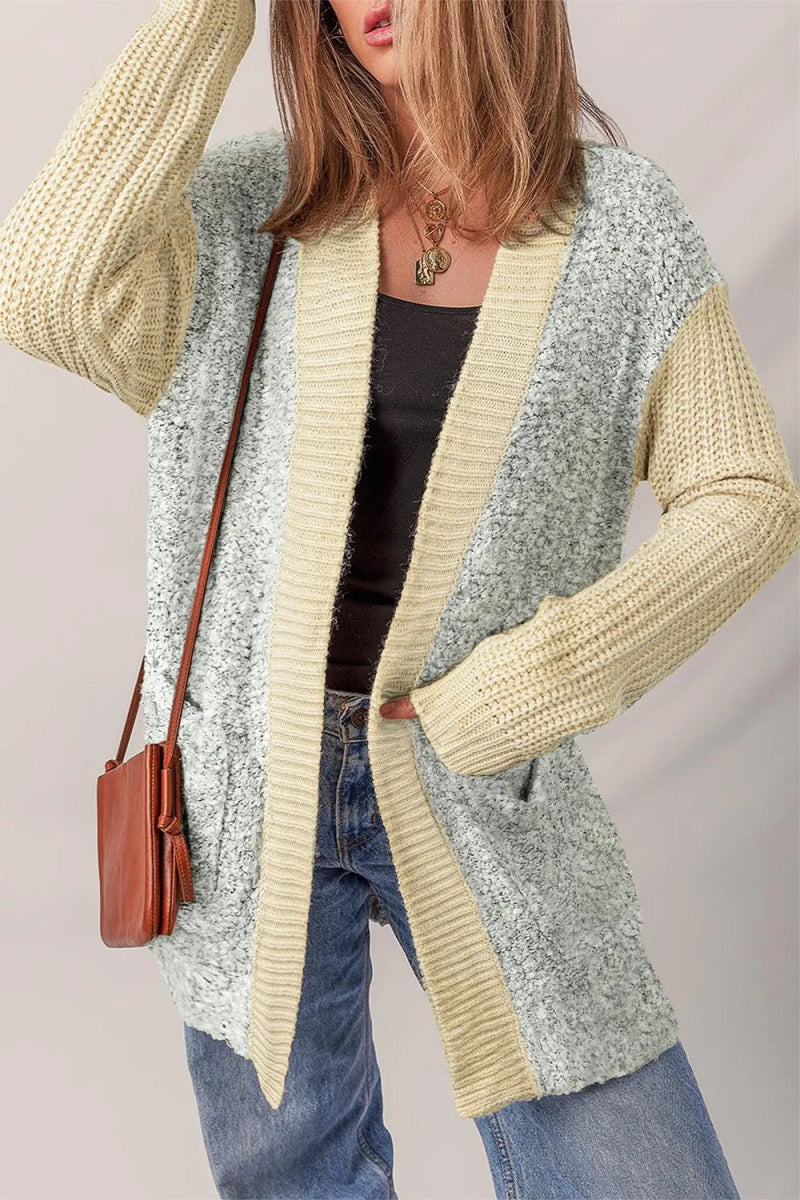 Color Block Side Pockets Open Front Cardigan - CELIVINE