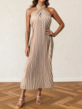 Pleated Halter Neck Midi Dress - CELIVINE