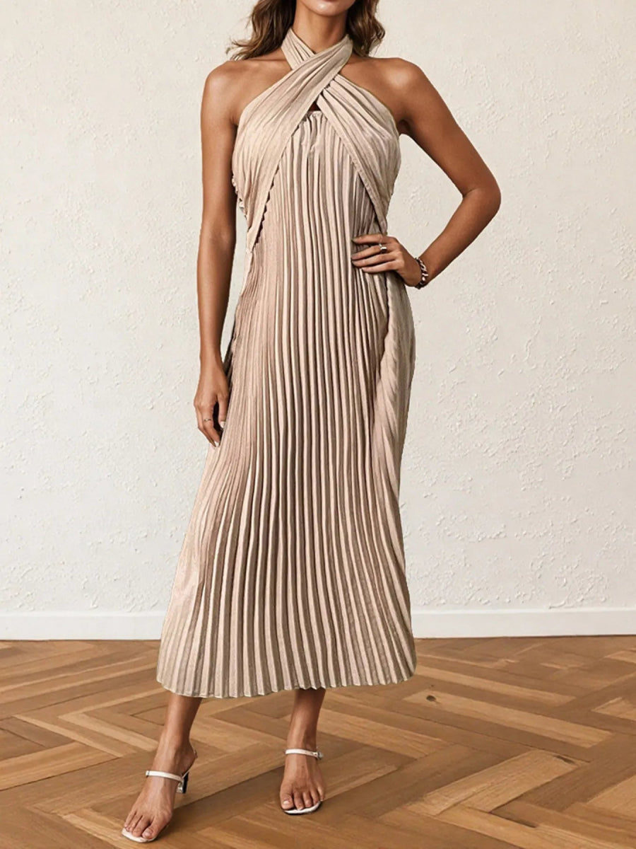 Pleated Halter Neck Midi Dress - CELIVINE