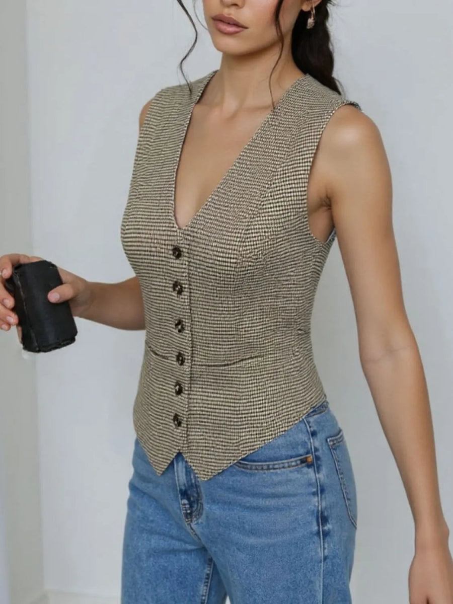 Plaid Button Down Vest - CELIVINE