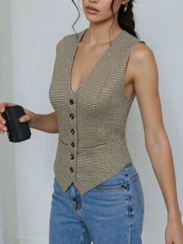 Plaid Button Down Vest - CELIVINE