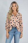 Contrast Animal Print V - Neck Long Sleeve Blouse - CELIVINE