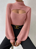 Cutout Front Turtleneck Long Sleeve Sweater - CELIVINE
