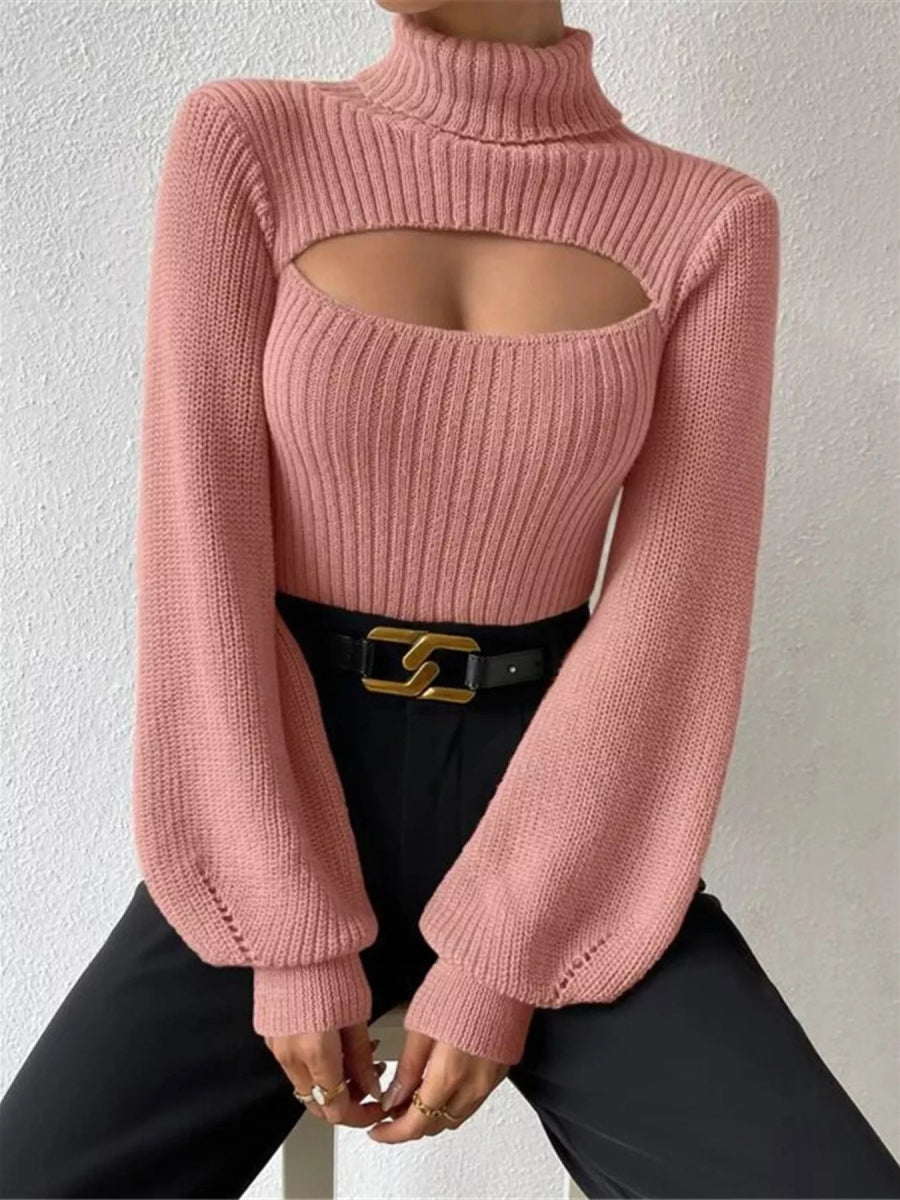 Cutout Front Turtleneck Long Sleeve Sweater - CELIVINE