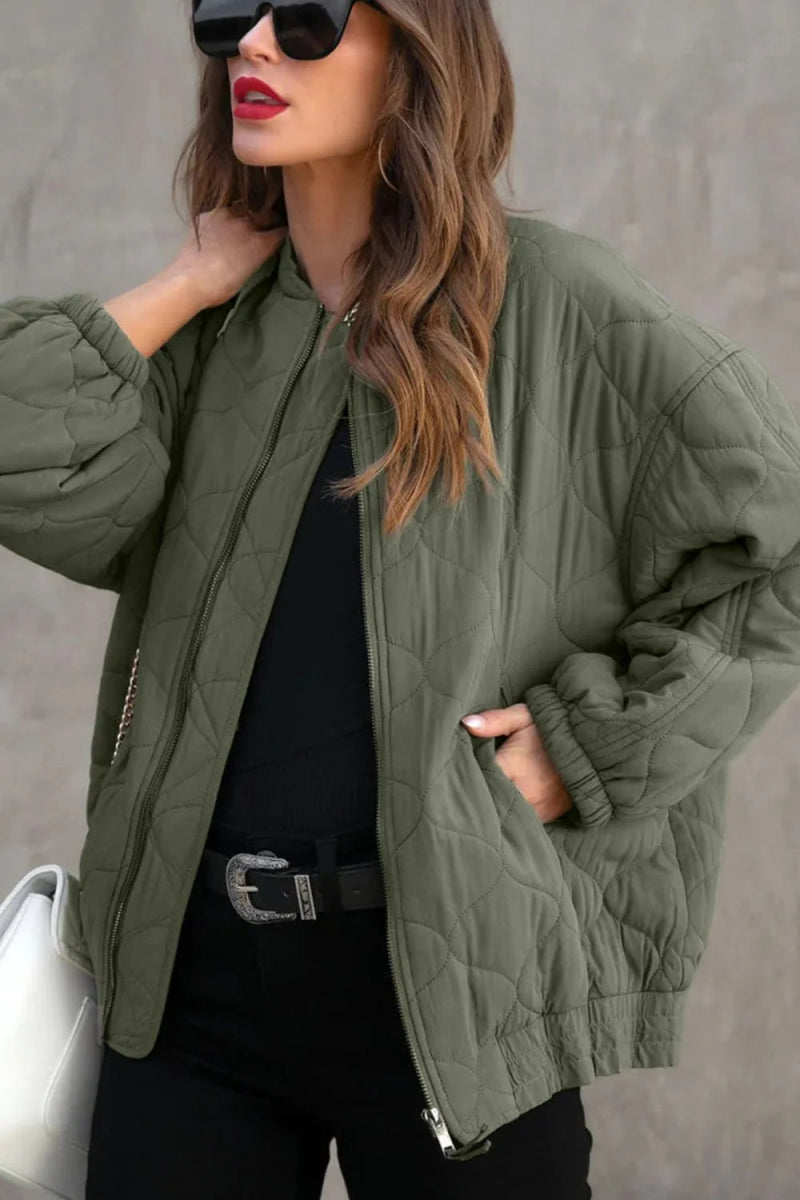 Zip Up Drop Shoulder Long Sleeve Puffer Jacket - CELIVINE