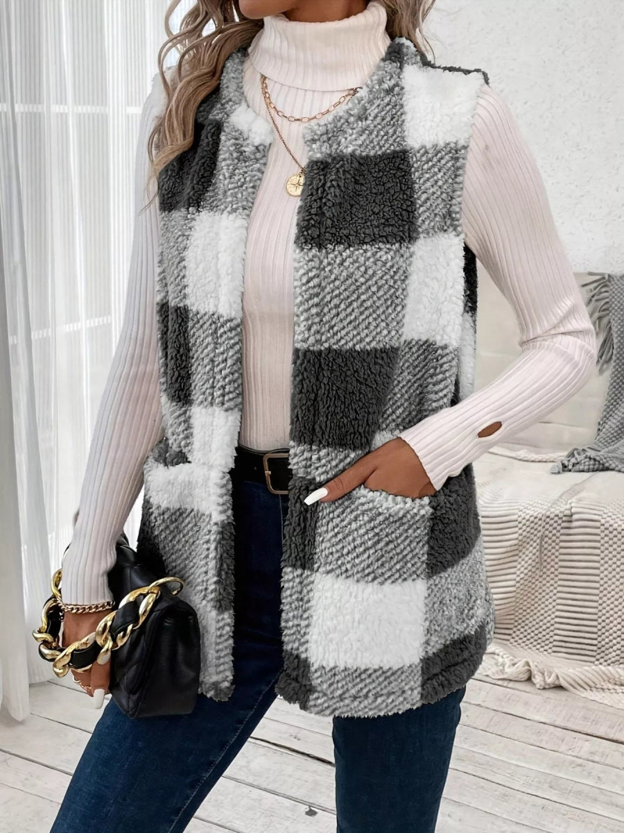 Plaid Sherpa Vest Coat with Pockets - CELIVINE