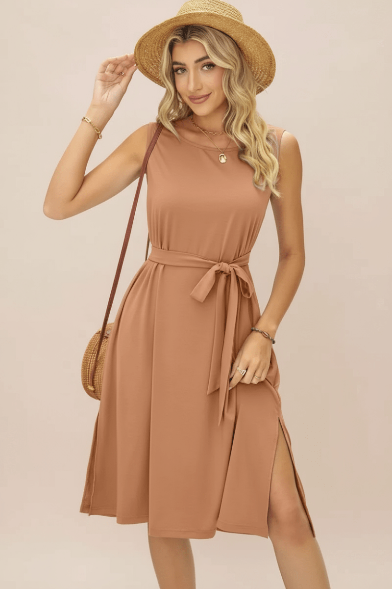 Tied Round Neck Sleeveless Dress - CELIVINE