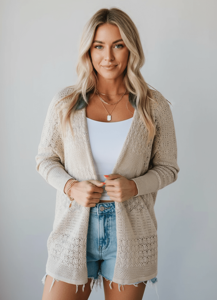 Hollowed Knit Open Front Cardigan - CELIVINE