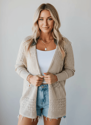 Hollowed Knit Open Front Cardigan - CELIVINE