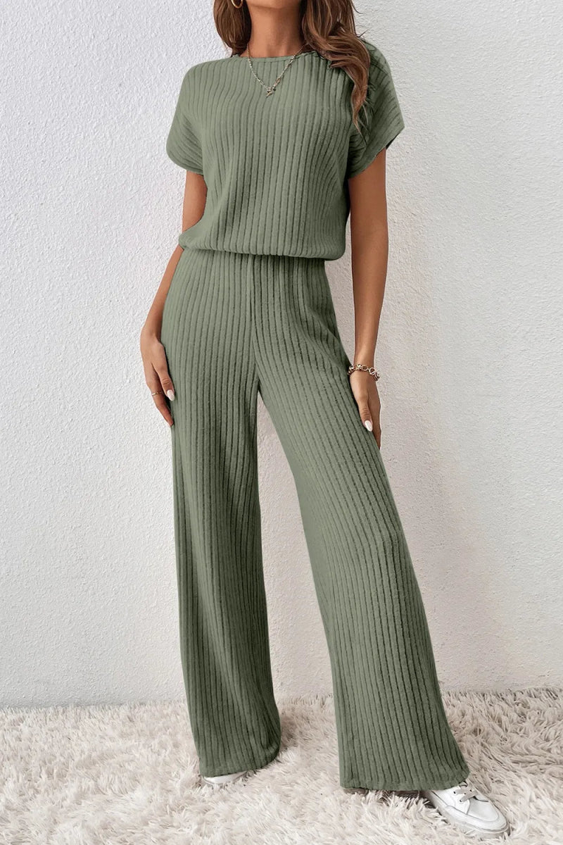 Ribbed Short Sleeve Wide Leg Jumpsuit - CELIVINE