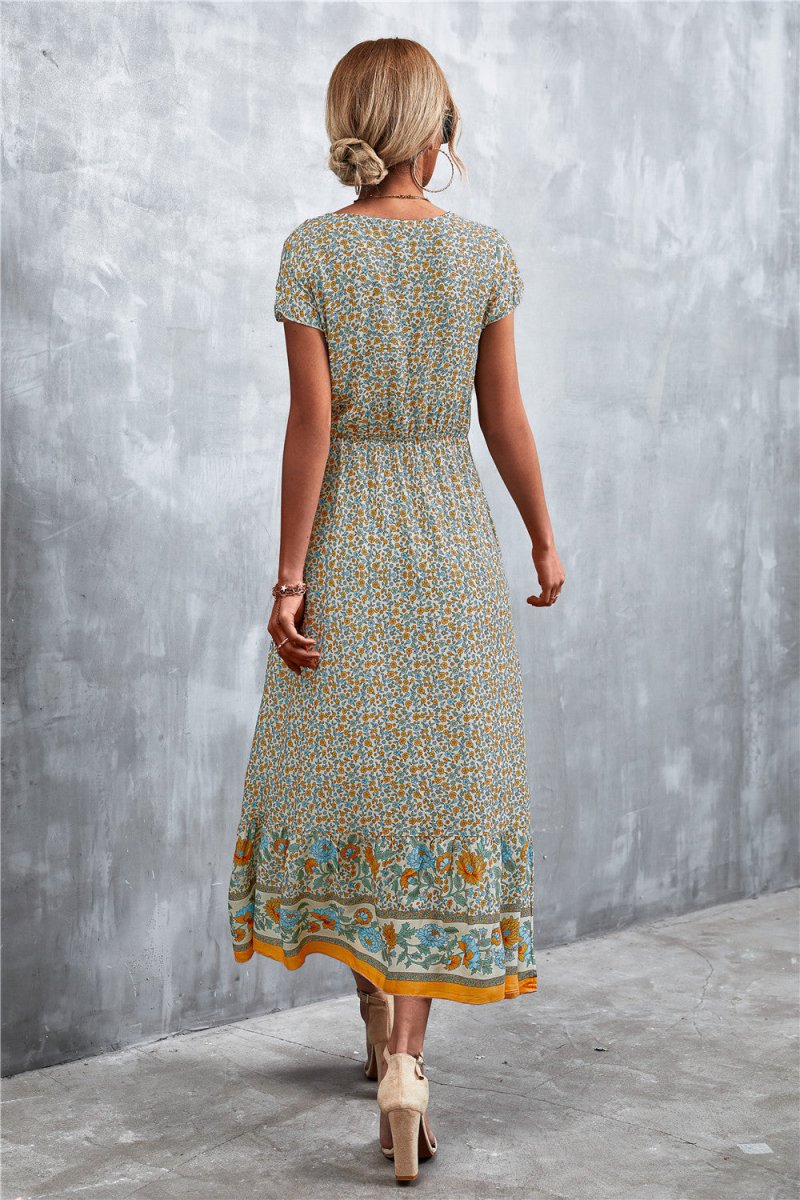 V - Neck Short Sleeve Printed Maxi Dress - CELIVINE