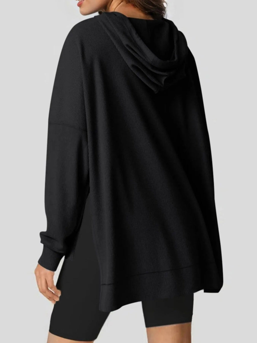 Slit Drawstring Waffle Knit Hoodie - CELIVINE