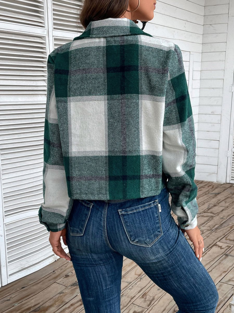 Plaid Collared Neck Button Up Long Sleeve Jacket - CELIVINE