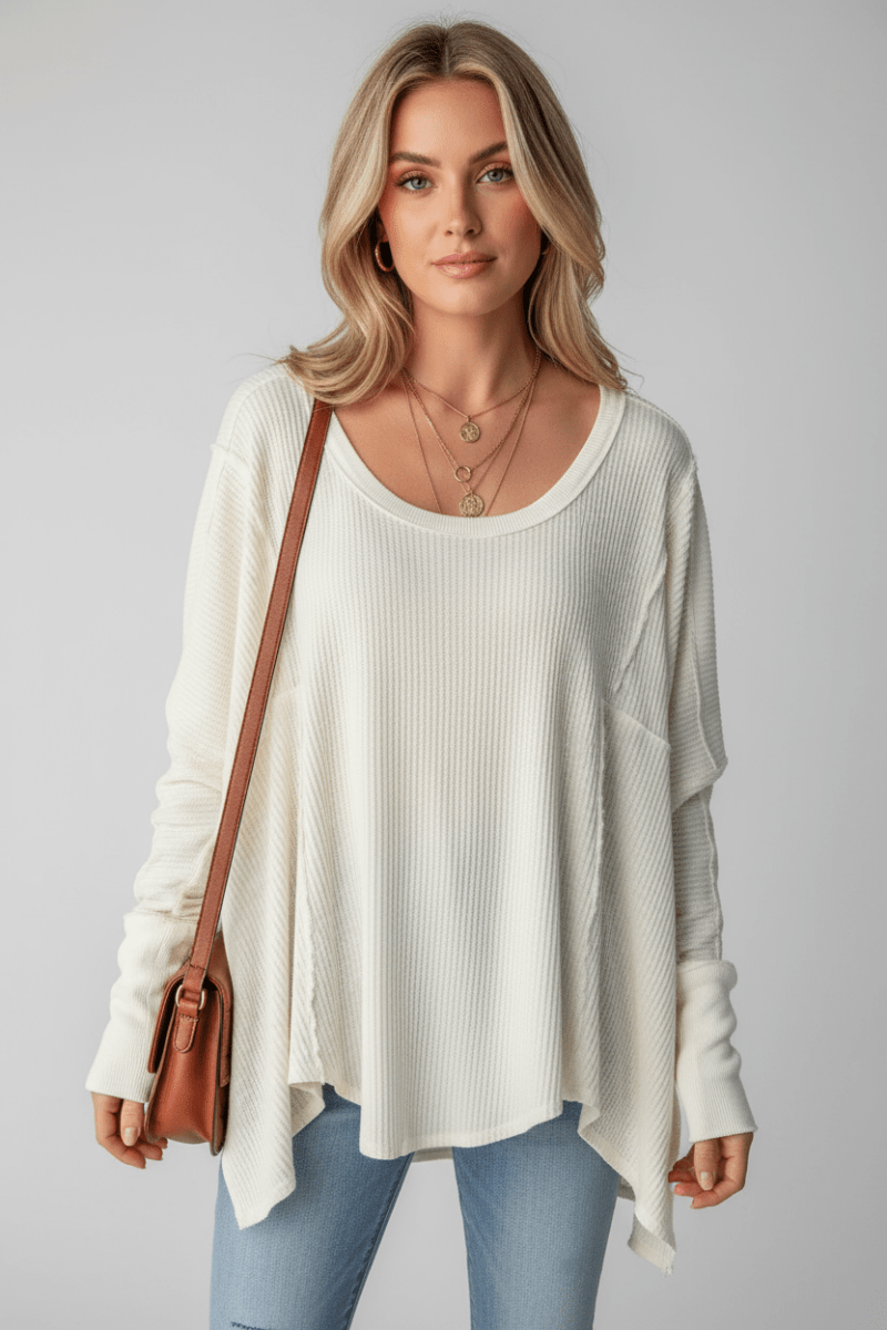 Exposed Seam Round Neck Long Sleeve Blouse - CELIVINE