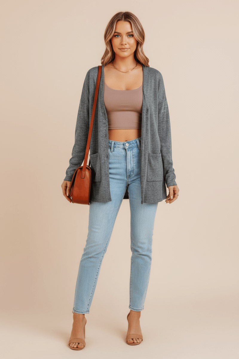 Long Sleeve Dropped Shoulder Cardigan with Pocket - CELIVINE