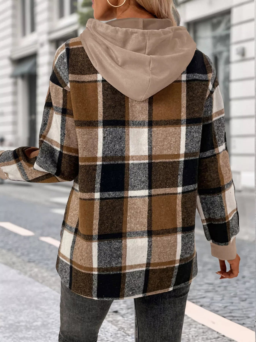 Plaid Drawstring Long Sleeve Hoodie - CELIVINE