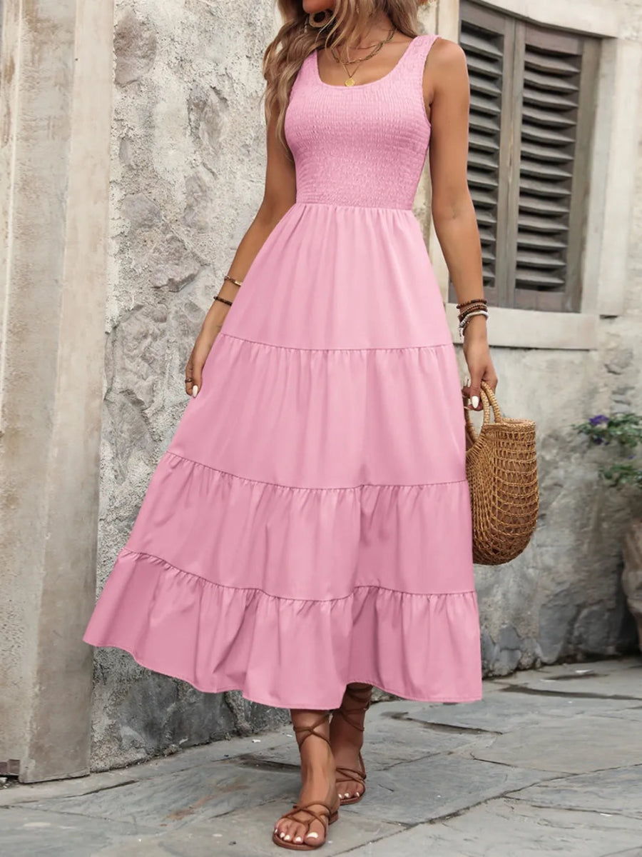 Smocked Scoop Neck Sleeveless Tank Dress - CELIVINE