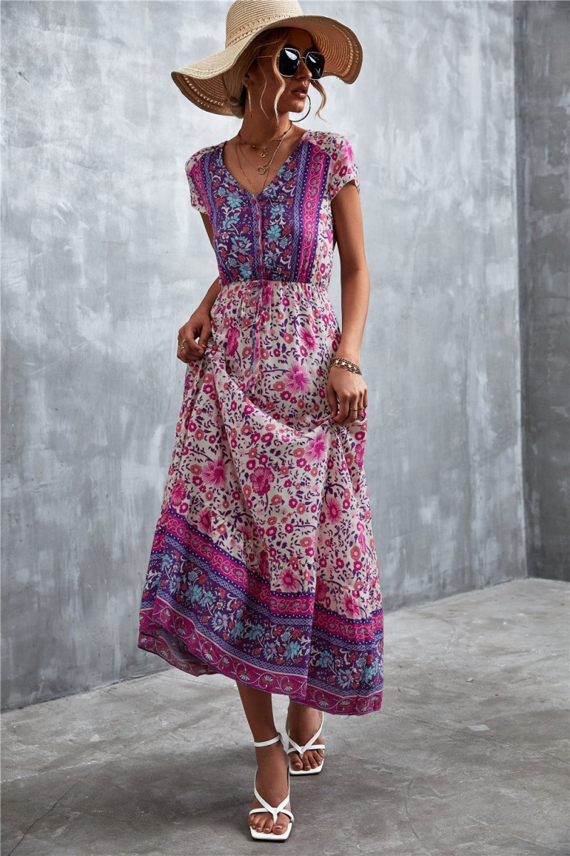 V - Neck Short Sleeve Printed Maxi Dress - CELIVINE