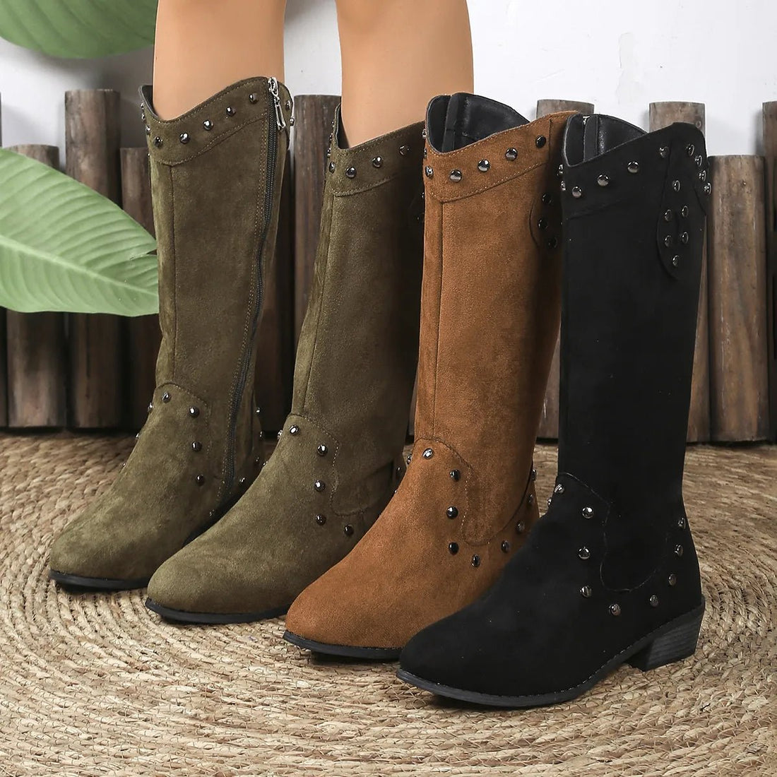Studded Mid - Calf Boots with Side Zipper Closure - CELIVINE