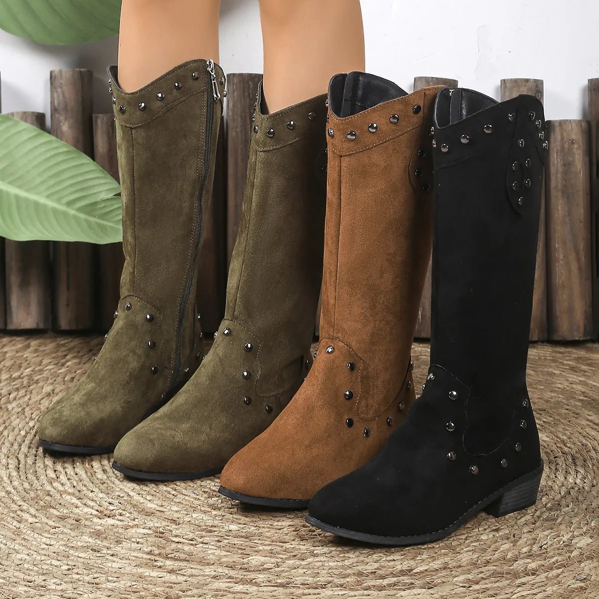 Studded Mid - Calf Boots with Side Zipper Closure - CELIVINE