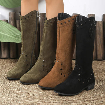 Studded Mid - Calf Boots with Side Zipper Closure - CELIVINE