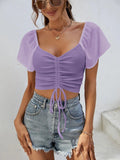 Drawstring Short Sleeve Crop Top - CELIVINE