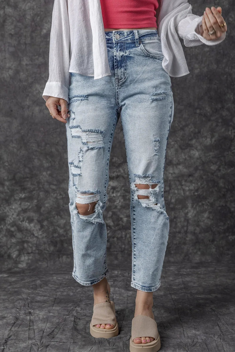 Distressed High Waist Jeans - CELIVINE