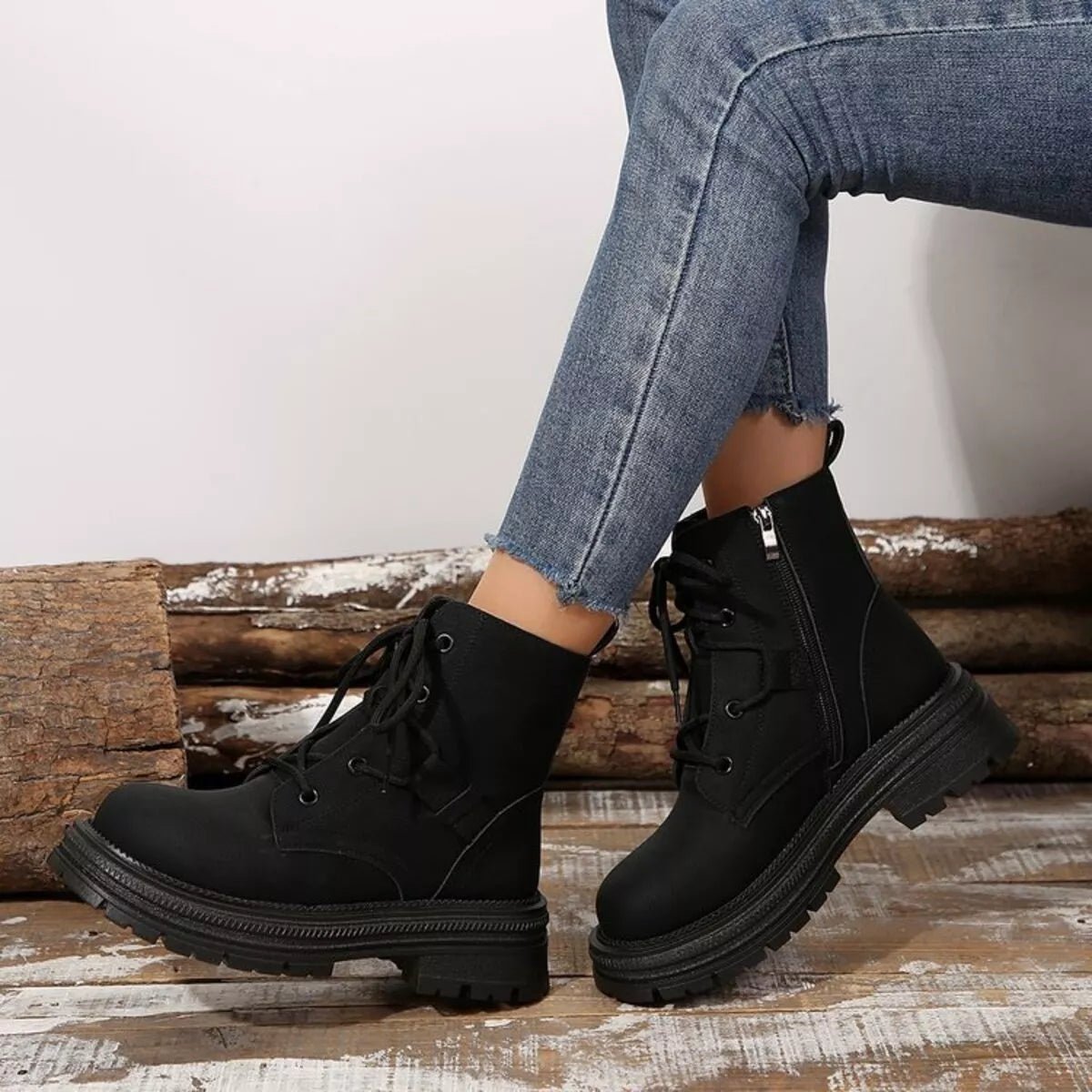 Round Toe Lace Up Platform Boots - CELIVINE