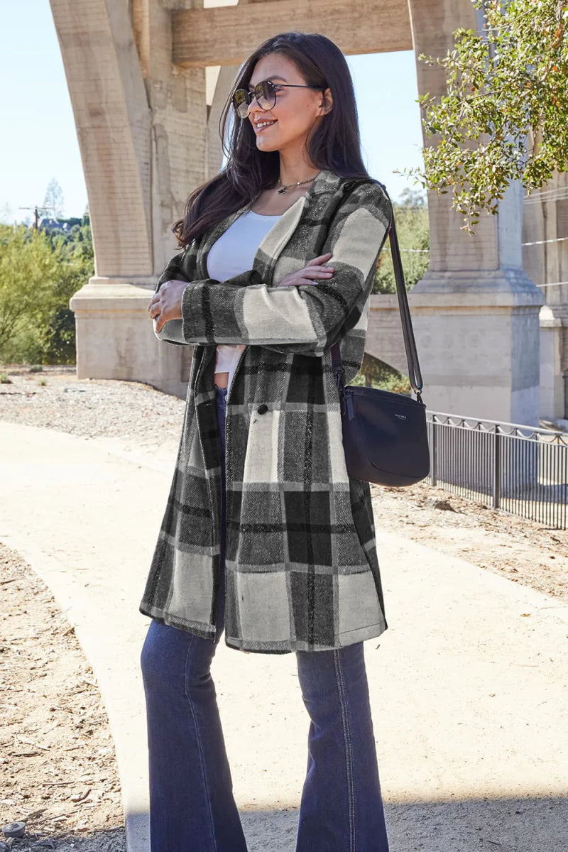 Double Take Full Size Plaid Button Up Lapel Collar Coat - CELIVINE