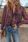 Printed Notched Long Sleeve Blouse - CELIVINE