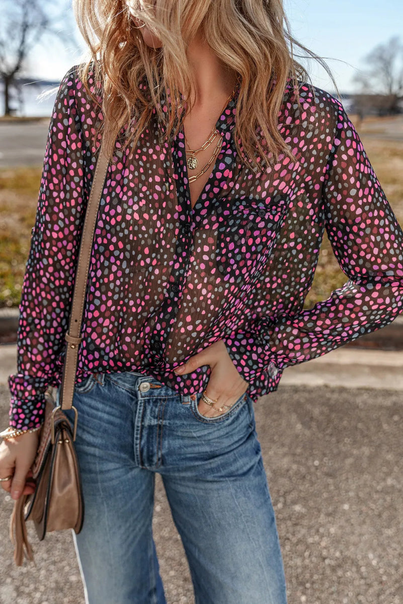 Printed Notched Long Sleeve Blouse - CELIVINE