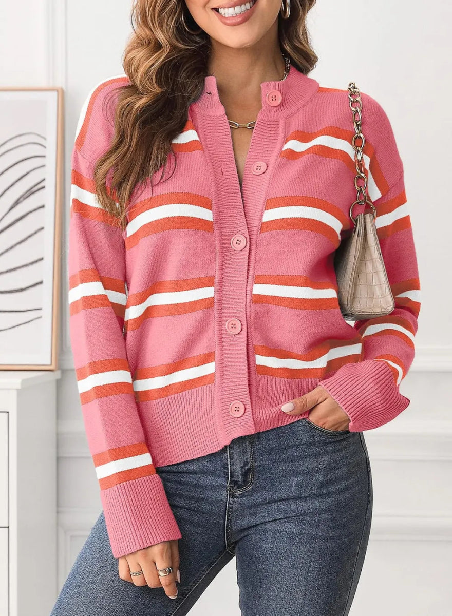 Striped Button Down Long Sleeve Cardigan - CELIVINE