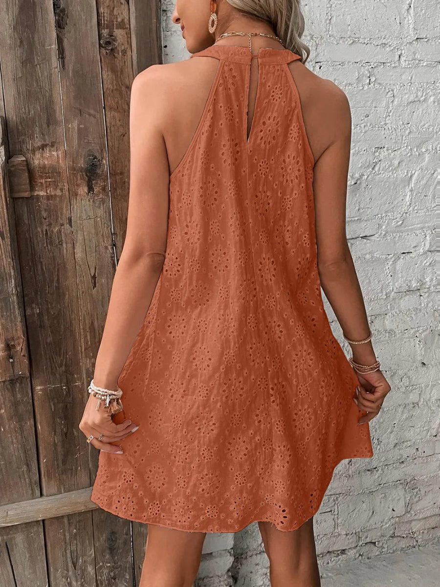 Eyelet Grecian Neck Mini Dress - CELIVINE