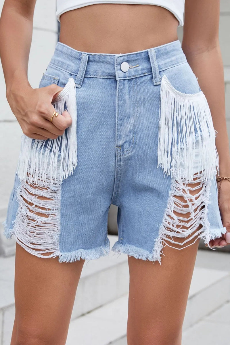 Distressed Fringe Denim Shorts - CELIVINE