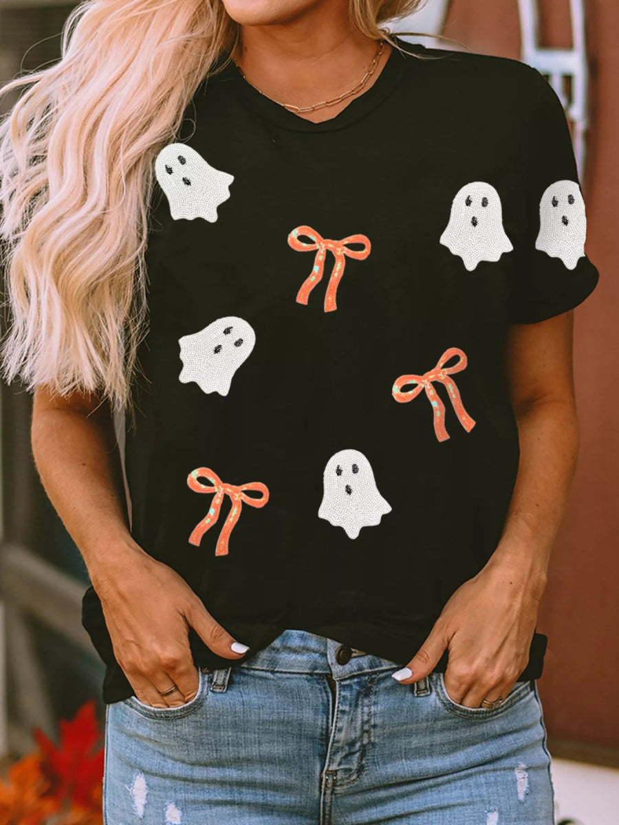 Halloween Ghost Bow Sequin Patched Drop Shoulder Sweatshirt - CELIVINE