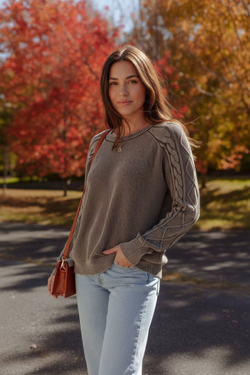 Contrast Cable Knit Sleeve Casual Sweater - CELIVINE