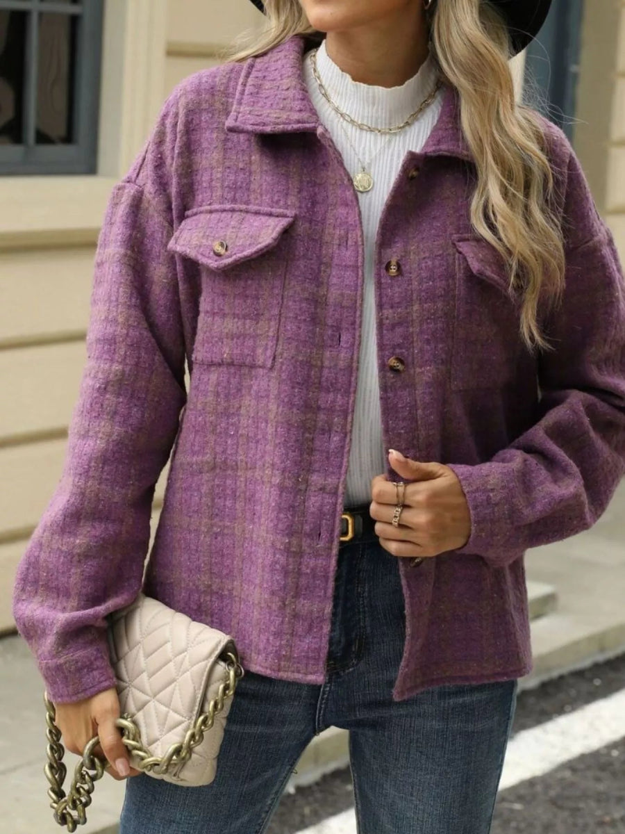 Plaid Button Up Long Sleeve Jacket - CELIVINE