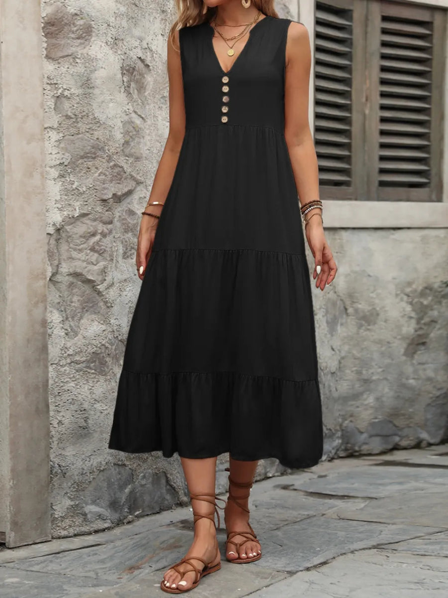 Ivy Lane Decorative Button Notched Sleeveless Dress - CELIVINE