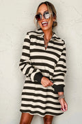 Contrast Striped Johnny Collar Long Sleeve Mini Dress - CELIVINE