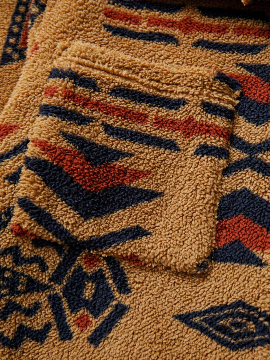 Western Aztec Pattern Fleece Button - Up Shacket - CELIVINE