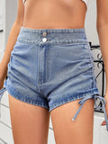 Ruched Side Drawstring Denim Shorts - CELIVINE