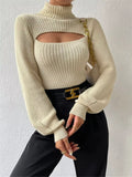 Cutout Front Turtleneck Long Sleeve Sweater - CELIVINE