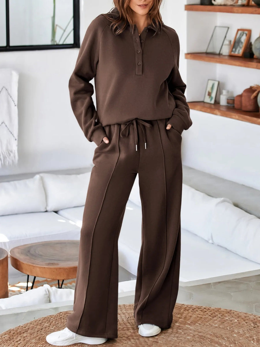 Collared Sweatshirt and High Waist Pants Active Set - CELIVINE