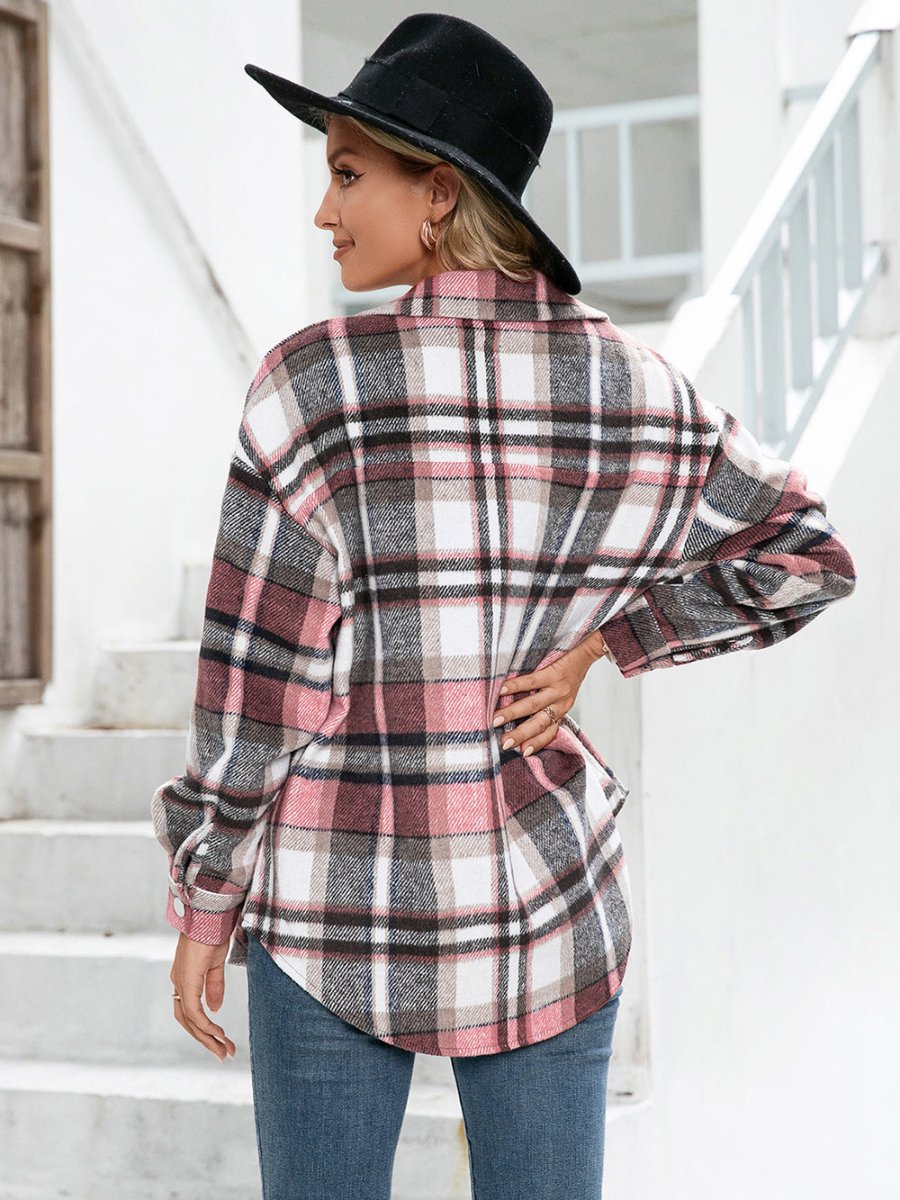 Ivy Lane Meet You Outside Plaid Button Down Curved Hem Shacket - CELIVINE