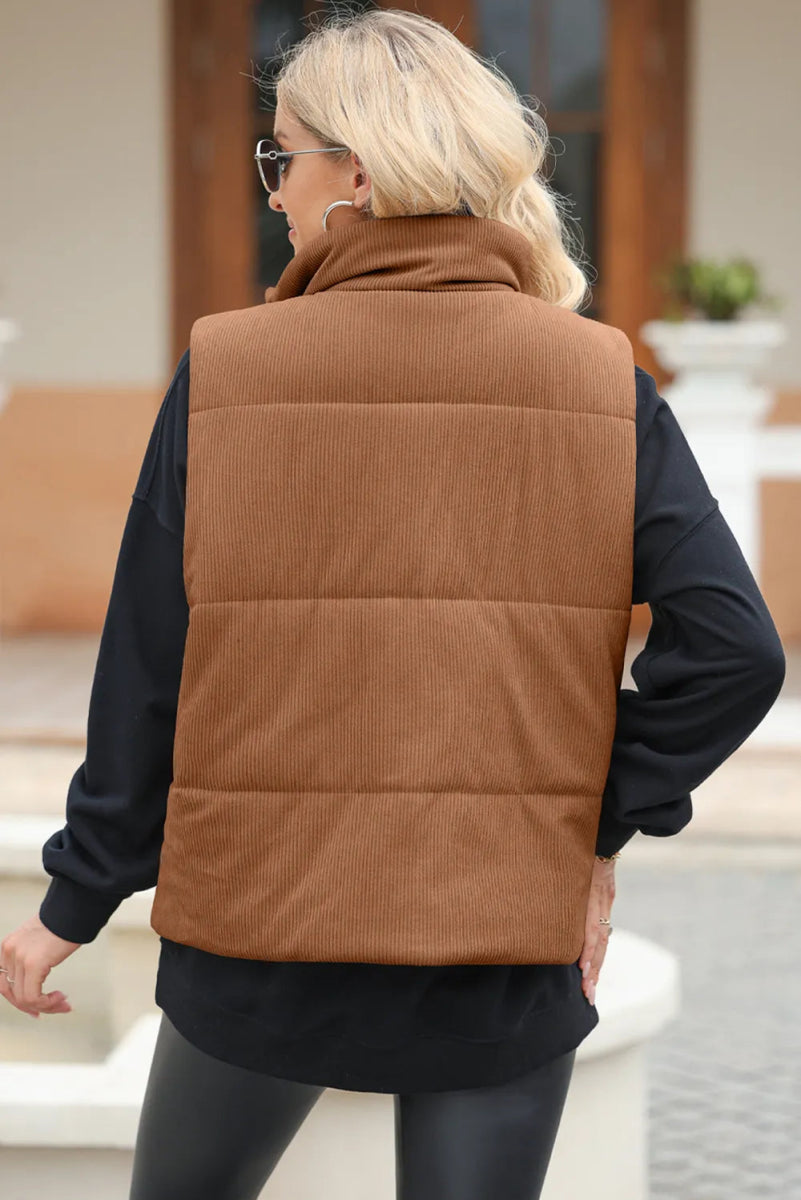Pocketed Zip Up Turtleneck Vest Coat - CELIVINE