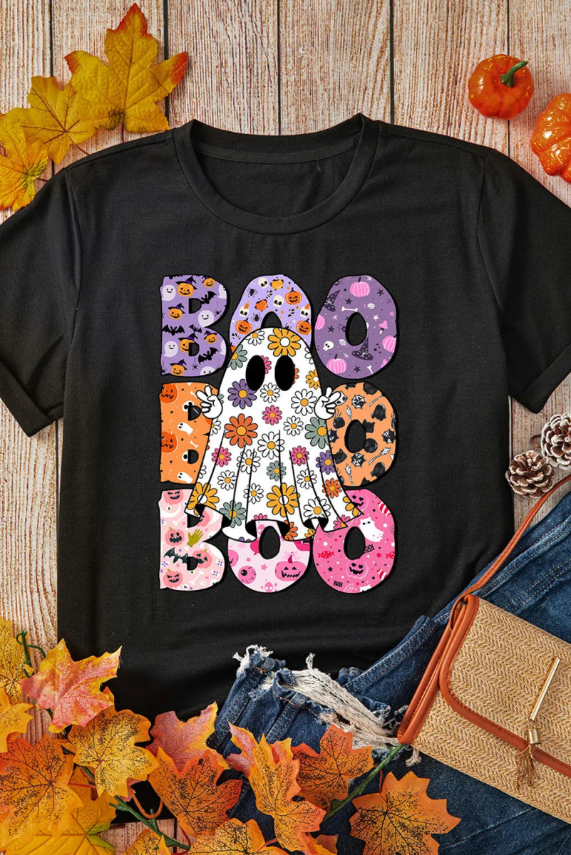 BOO Ghost Graphic Round Neck Short Sleeve T-Shirt - CELIVINE
