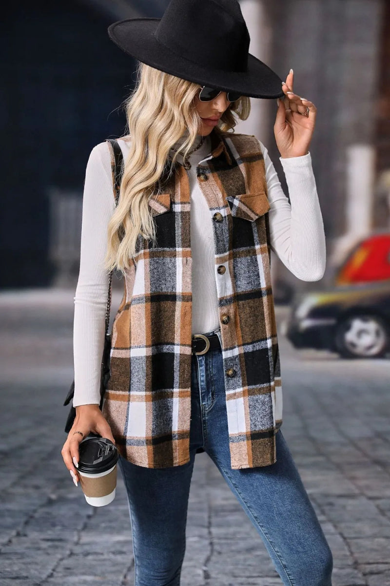 Plaid Button Up Vest Coat - CELIVINE