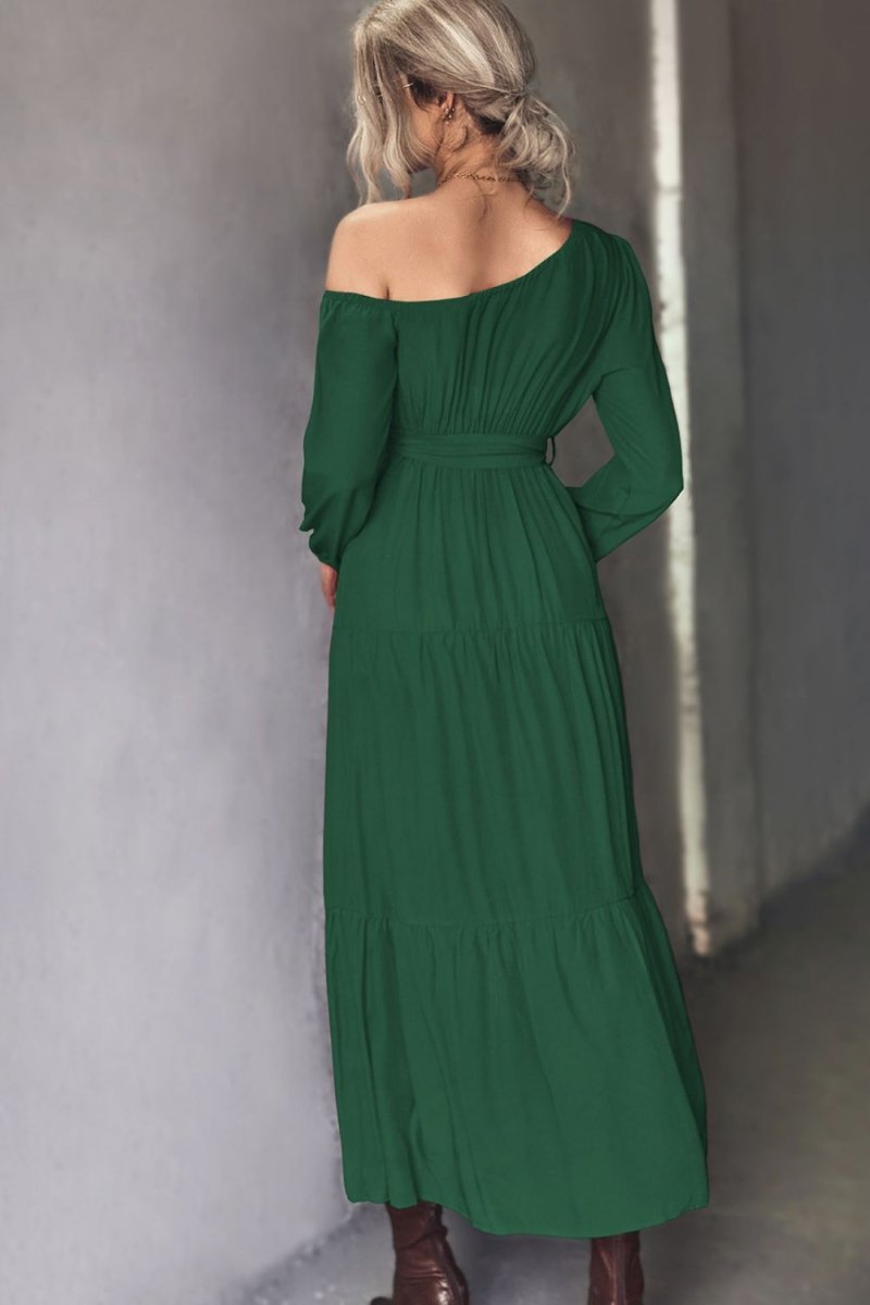 Belted One - Shoulder Tiered Maxi Dress - CELIVINE