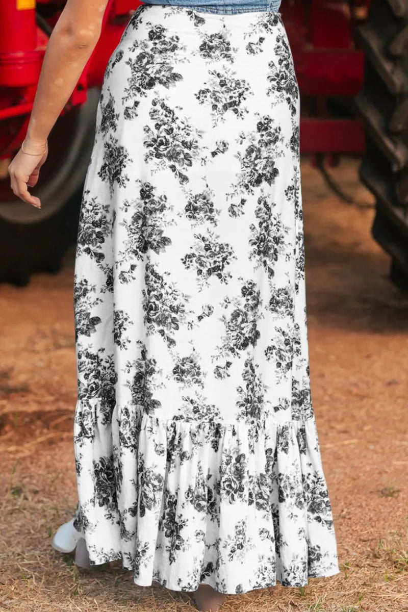 Boho Floral High Waist Ruffle Split Maxi Skirt - CELIVINE