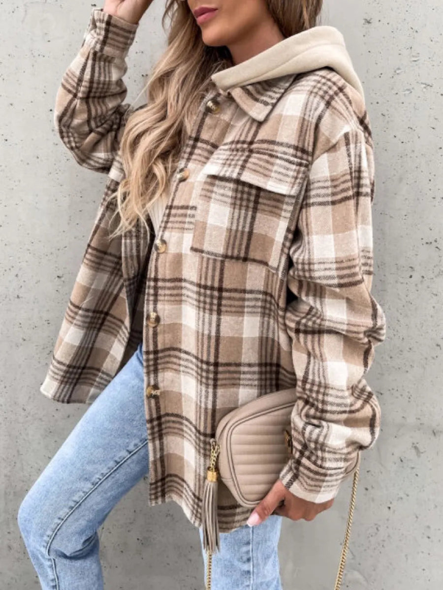 Plaid Button Up Jacket with Removable Hood - CELIVINE